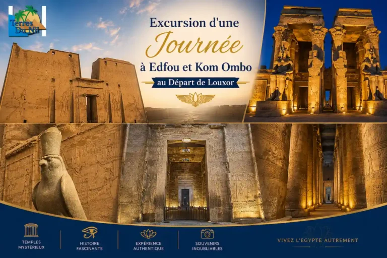 Après le déjeuner, route vers Kom Ombo — environ 1h de trajet depuis Edfou, le long du Nil. Le temple Kom Ombo Sobek crocodile surgit majestueusement sur une corniche dominant le fleuve dans une position que peu de sanctuaires au monde peuvent égaler. Unique en Égypte, sa double architecture est dédiée simultanément à deux divinités : Sobek le dieu-crocodile et Haroéris le dieu faucon, chacun disposant de sa propre entrée, sa propre salle hypostyle et son propre sanctuaire en parfaite symétrie. Ses célèbres reliefs médicaux — instruments chirurgicaux gravés dans la pierre — comptent parmi les documents archéologiques les plus fascinants de l'Antiquité. Le musée des crocodiles Kom Ombo, intégré au site, abrite des dizaines de momies de crocodiles sacrés et complète la visite avec une dimension supplémentaire captivante. Sites visités : Temple double de Kom Ombo · Musée des Crocodiles Kom Ombo