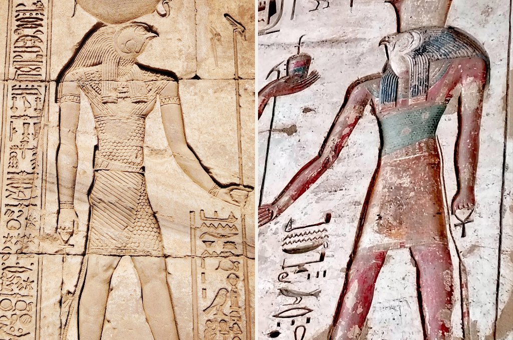 Les divinités égyptiennes du soleil : Rê au disque solaire et le faucon Horus